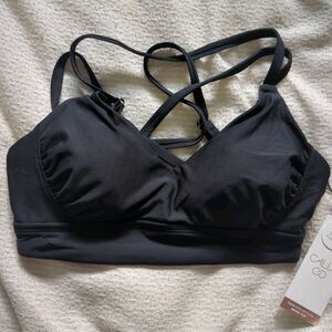 Calia Bikini Top Women's Size Small Pure Black Strappy Back Ruched NWT
